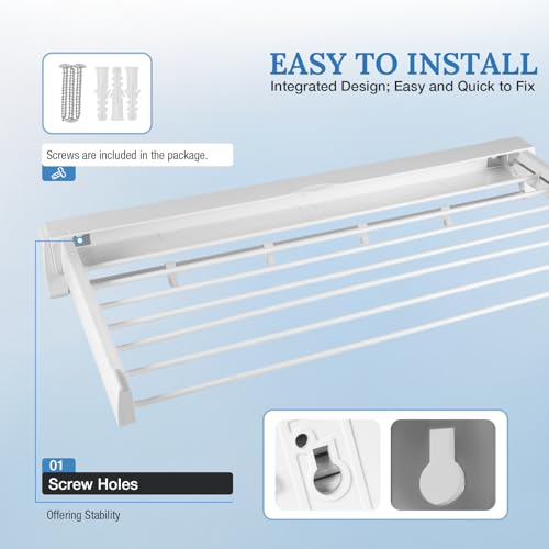 Wall Mounted Clothes Drying Rack with 7 Retractable Rods & 4 Hooks, 33-Inch Foldable Laundry Rack, Space Saving Collapsible Indoor Drying Rack with Wall Template, Heavy-Duty White Aluminum & ABS
