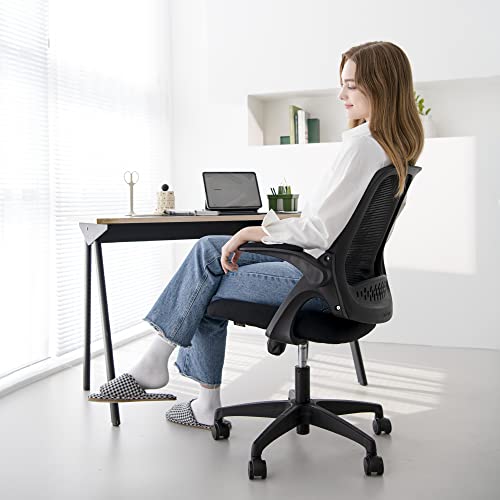 NEO CHAIR Office Desk Chair, Ergonomic Mesh with Flip-Up Armrests, Black | Lumbar Support, Height Adjustment, 360° Swivel and Rolling Base, Space-Saving Design for Home Office, Vanity or Study - color: Black