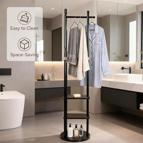 Wood Coat Rack Freestanding Rotary Coat tree with 3 Shelves and 5 Hooks | 4 Swivel Wheels Heavy Duty Clothing Rack Coat Hanger Stand for Corner Entryways Living Rooms and Bedrooms, Black