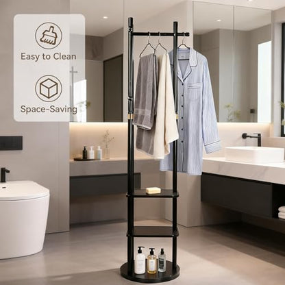 Wood Coat Rack Freestanding Rotary Coat tree with 3 Shelves and 5 Hooks | 4 Swivel Wheels Heavy Duty Clothing Rack Coat Hanger Stand for Corner Entryways Living Rooms and Bedrooms, Black