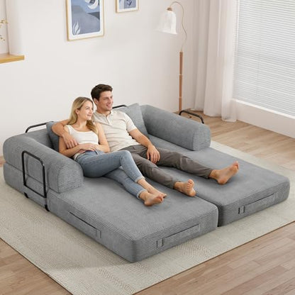 77" Convertible Sofa Bed, Modular Folding Futon Corduroy Floor Foam Compressed Loveseat Sleeper Sofa Couch, Pull Out Queen Size Couch Bed with 2 Pillows for Living Room Guest Room Studio, Light Grey