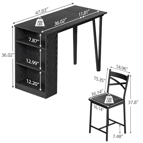 IDEALHOUSE Dining Table Set for 2, Expandable Kitchen Bar Table and Chairs for 2, 3 Piece Counter Height Top Dining Table Set with Upholstered Chairs Storage for Small Space, Black (Black) - color: Black