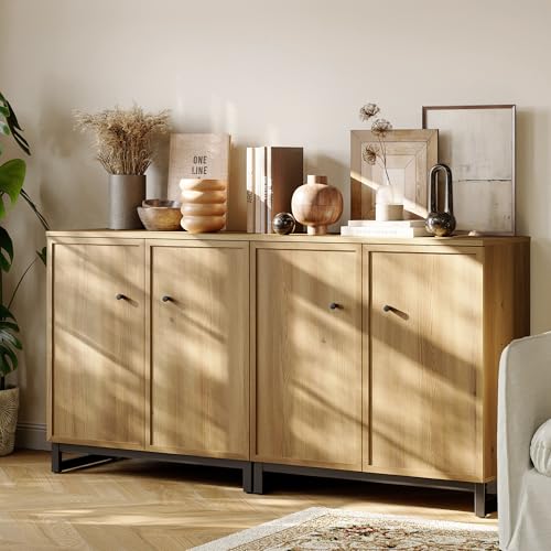 Rustic Storage Cabinet, Modern Farmhouse Set of 2 Buffet Accent Cabinet with 4-Door Design with Metal Frame Base for Dinnig Room Living Room Entryway,Brown Oak - color: Brown Oak