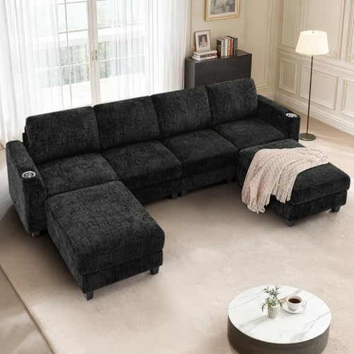 110" Convertible U-Shape Couch with 2 Flexible Ottomans, Black | Soft Sectional Sofa with Durable Cup Holders, Chenille 4 Seater Sofa with Well-Filled Backrest for Living Room, House - color: Black, size: 110" U-Shape