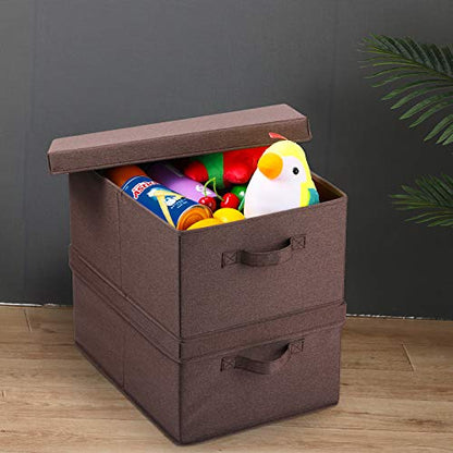 HOONEX Linen Foldable Storage Bins with Lids, 2 Pack, Storage Boxes with Carrying Handles and Sturdy Heavy Cardboard, 16.5" L x 11.8" W x 7.5" H for Shoes, Clothes, Brown - color: Brown
