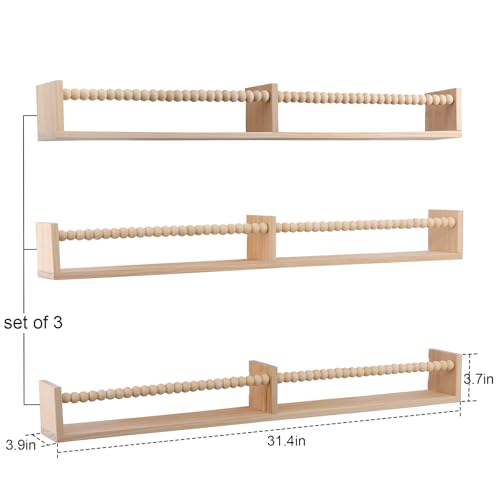 birola Nursery Shelves with Beads Design - 32 Inches Wall Book Shelves Set of 3, Space-Saving Nursery Book Shelves for Kids Room, Bedroom and Study Room(Natural)