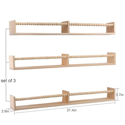 birola Nursery Shelves with Beads Design - 32 Inches Wall Book Shelves Set of 3, Space-Saving Nursery Book Shelves for Kids Room, Bedroom and Study Room(Natural)
