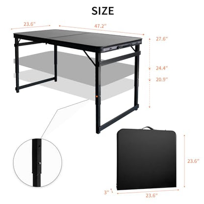 Folding Camping Table, Black Aluminum Frame,3-Position Adjustable Height,Lightweight Carry Handle, Portable for Travel, Camping Outdoor Use, 4FT x 2FT(Large), Black - size: 4 ft x 2 ft × 2.3 ft H