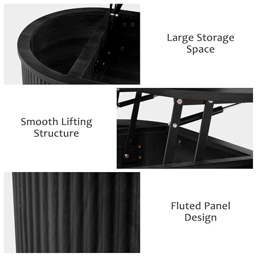 QHITTY Fluted Coffee Table with Lifting Top, Oval Wood Lift Top Coffee Table with Hidden Compartment, Mid Century Pull up Center Tables for Living Room, Office - Black - color: Round Table-black