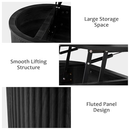 QHITTY Fluted Coffee Table with Lifting Top, Oval Wood Lift Top Coffee Table with Hidden Compartment, Mid Century Pull up Center Tables for Living Room, Office - Black - color: Round Table-black