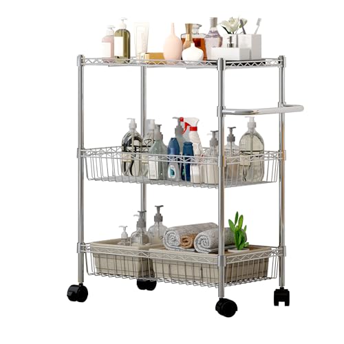 Chrome 3 Tier Rolling Storage Cart, Metal Wire Kitchen Cart with Baskets & Handle, Utility Trolley on Wheels for Kitchen, Bathroom, Laundry, Pantry & Office - color: Sliver