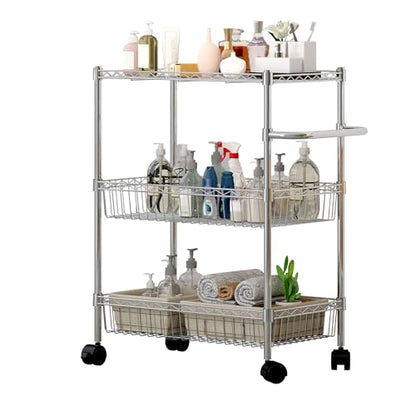 Chrome 3 Tier Rolling Storage Cart, Metal Wire Kitchen Cart with Baskets & Handle, Utility Trolley on Wheels for Kitchen, Bathroom, Laundry, Pantry & Office - color: Sliver
