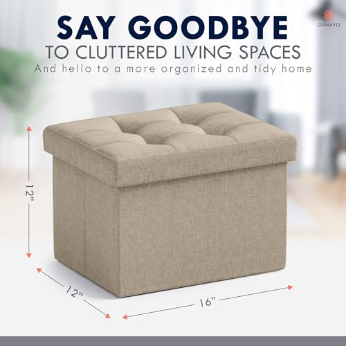 Ornavo Home Small Rectangle Storage Ottoman, Linen, 12x16x12, Taupe | Collapsible Cube Design; Foot Rest Stool Seat; Ideal for Living Room, Bedroom, Home Office or Dorm - color: Tan/Taupe