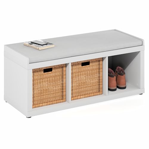 Furinno Cubicle Storage Bench, Shoe Bench with Padded Seat Cushion, 3-Cube Open Shelves Entryway Bench, for Closet, Entryway, Living Room, White - color: White, size: 3-Cube Open Storage