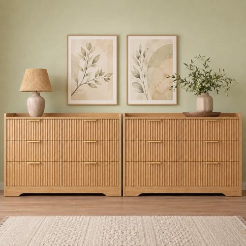 Fluted 6 Drawer Bedroom Dressers Set of 2, 47"W x 26"H, Natural Oak | Modern horizontal chests of drawers with TV stand tops, metal handles, smooth-gliding drawers and anti-tip kits - size: 15.6"D x 47.2"W x 26.8"H (12 Drawers)