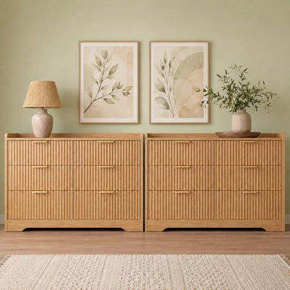Fluted 6 Drawer Bedroom Dressers Set of 2, 47"W x 26"H, Natural Oak | Modern horizontal chests of drawers with TV stand tops, metal handles, smooth-gliding drawers and anti-tip kits - size: 15.6"D x 47.2"W x 26.8"H (12 Drawers)