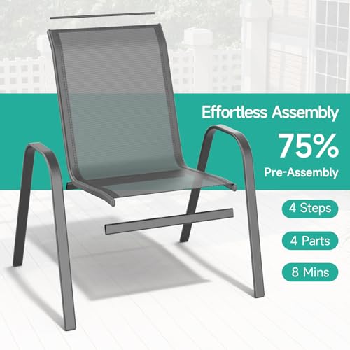 Patio Chairs Set of 4, All Weather Outdoor Dining Chairs | Stackable Dining Furniture Set, Breathable, High Back, Lawn, Garden, Backyard, Poolside Furniture - color: Grey