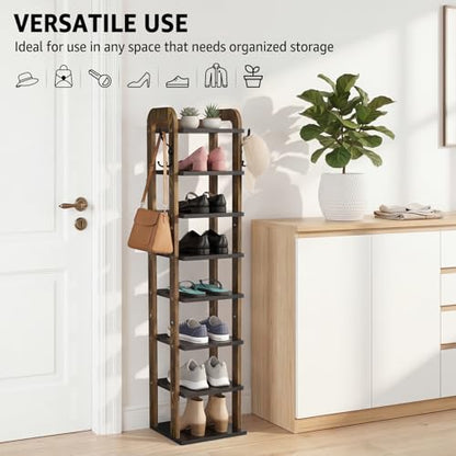 Wooden 8 Tiers Vertical Shoe Rack | Shoe Storage with Hooks, Shoe Organizer for Small Spaces, Space Saving for Entryway, Closet, Living Room, Bedroom, Front Door