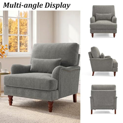 Mid-Century Modern Accent Chair with Lumbar Pillow, Light Brown, 1 Pack | Upholstered Chenille Armchair, Solid Wood Frame & Legs, Comfy Reading Lounge Sofa for Living Room Bedroom, & Small Spaces - color: Chenille Light Brown, size: 1 Seat