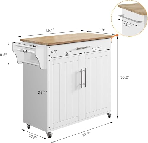 Kitchen Storage Island, Wooden Rolling Kitchen Island On Wheels with Countertop, Mobile Kitchen Island Cart with Towel Rack, Spice Rack and Drawers, White - color: White