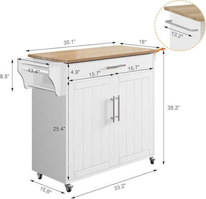 Kitchen Storage Island, Wooden Rolling Kitchen Island On Wheels with Countertop, Mobile Kitchen Island Cart with Towel Rack, Spice Rack and Drawers, White - color: White