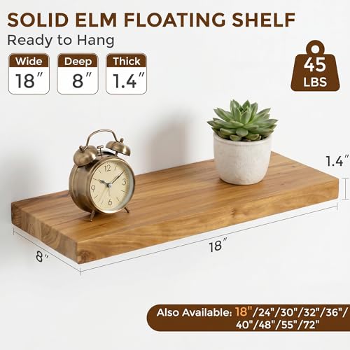 Dreamland 18 Inch Long Floating Shelves Set of 2, Rustic Solid Elm Wood Floating Shelf Wall Mounted, 8 Inch Deep Wall Shelves with Invisible Bracket for Living Room Bathroom Bedroom Kitchen, Natural - color: Natural, size: Flat Edge - 18"L