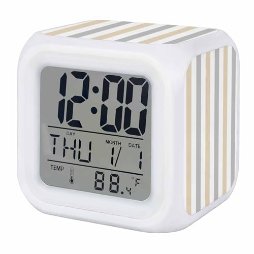 Digital Alarm Clocks for Bedroom,Classical Beige Grey Striped Cube Alarm Clock with Snooze and Nightlight Modern Minimalist Lines Silent Office Desk Clock Time/Date/Temperature Display - color: Beige