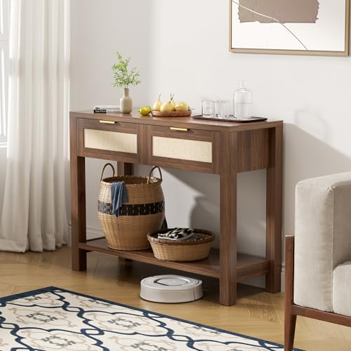 Boho Chic Console Table with 2 Rattan Drawers and Open Shelf Storage, Narrow Farmhouse Sofa Table for Small Space Entryway, Living Room,Hallway,Walnut - color: Walnut
