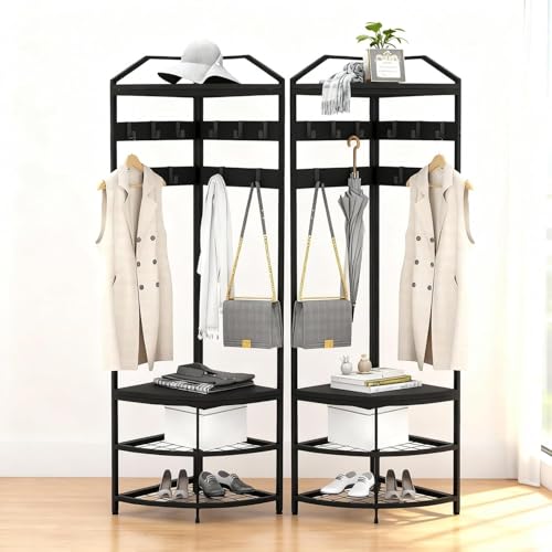 Takywep Entryway Coat Rack with Storage, Narrow Corner Hall Tree with Mesh Shelves, Movable Hooks & Adjustable Feets, Metal Corner Coat Rack for Entryway, Bedroom, Black