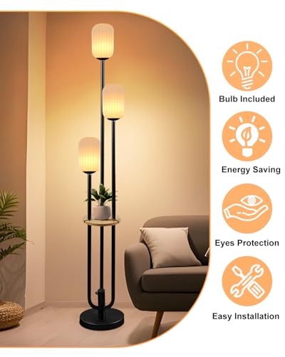 Lightdot Black Dimmable Floor Lamp with Shelf Modern Floor Lamps with Oval Striped Lampshade & Bulb Included 3-Lights Tall Lamp with 5Lbs Heavy Base for Living Room/Bedroom/Sofa Beside/Corner Decor