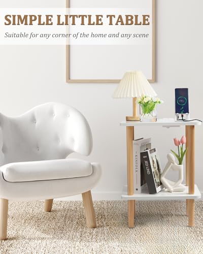 FORAOFUR End Table with Charging Station, End Tables with USB Ports and Outlets, Small Side Table for Living Room, Bedroom & Office, Two-Tier Narrow Side Table, Easy Assembly | Slim profile for bedroom or office corners, USB & outlets, tool-free assembly