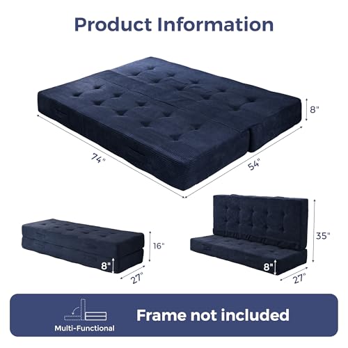 MAXYOYO Foldable Mattress, 8-Inch Tufted Futon Mattress with Handles | Tufted Floor Sofa Bed and Versatile Mattress, Carry Handles for Living Rooms or Guest Rooms, Frame Not Included, Navy - color: Navy
