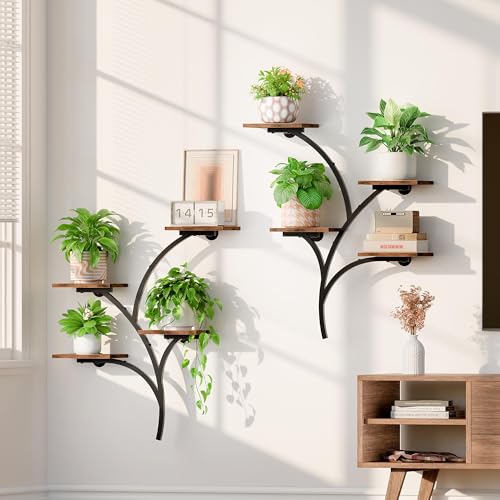 2 Pack Wall Mounted Plant Holder, 8-Tier Wall Planters for Indoor Plants | Metal and Wood Wall Planters, Easy To Assembly, Tree Style, For Display Plants, Photos & Decor