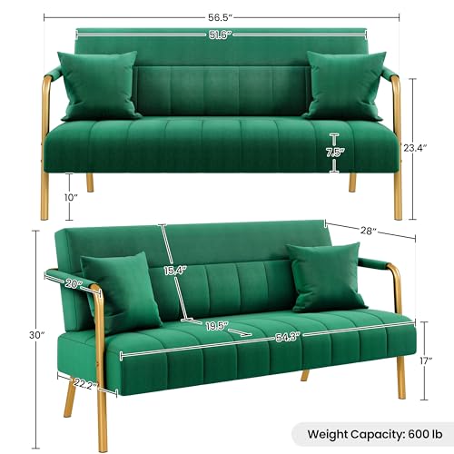 Yaheetech 56.5" Smal Sofa 2 Seater Couch with Gold-Tone Legs, Green | Small Sofa Loveseat Velve 2 Seater Couch with Tufted Back Gold Metal Frame 2 Pillows for Office, Studio,Living Room - color: Green, size: 56.5" W