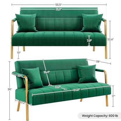 Yaheetech 56.5" Smal Sofa 2 Seater Couch with Gold-Tone Legs, Green | Small Sofa Loveseat Velve 2 Seater Couch with Tufted Back Gold Metal Frame 2 Pillows for Office, Studio,Living Room - color: Green, size: 56.5" W