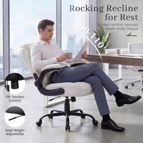 GTPOFFICE Executive Office Chair with Comfortable Lumbar Support, Ergonomic Gaming Chair with Flip-up Armrests & Zoned Pressure-Relief Cushion, Comfy PU Leather Desk Chair, White - color: White