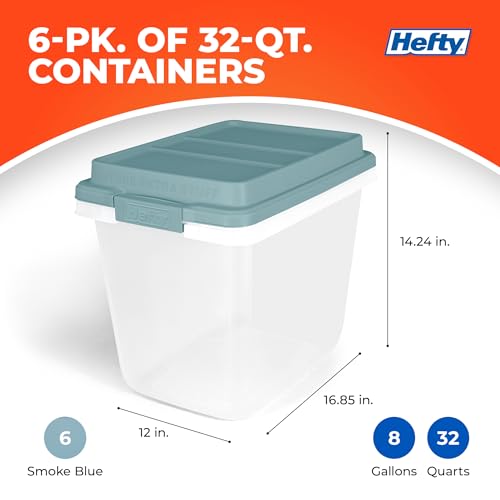 Hefty 6 Pack Lift Off Storage Bin with Lid, 32 Quart, Smoke Blue | Stackable Clear Plastic Container Totes for Home, Office, and Classroom Organization - size: 32 Qt - 6 Pack