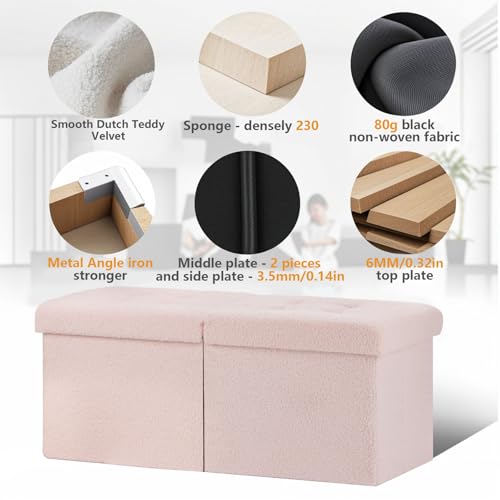 AmasSmile Ottoman Storage Bench,34" Teddy Velvet Folding Chest,Pink | Large Ottoman with Storage,Thicker Foam Padded Seat,Livingroom,Dorm,Bedroom,Entryway,Easy to install,34 x 13 x 13in - color: Pink-teddy Velvet