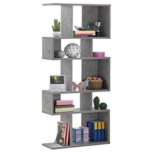 Giantex 5-Tier Geometric Bookshelf, 70" Tall Wood Freestanding Decorative Display Open Shelves with Anti-Tipping Device, Each Shelf Holds up to 44 lbs, Wooden S Shaped Bookcase, Gray - color: Grey