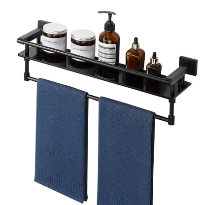 Alise Bathroom Shelf with Towel Bar, 20 Inch Matte Black Glass Shelf | Tempered Glass Bathroom Shelves for Wall Mounted, Modern Glass Shelf with 304 Stainless Steel Railing - color: Matte Black, size: 20 In