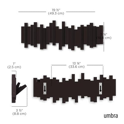 Umbra Sticks Wall Mount Coat Rack, 5 Hook Retractable Pegs, Espresso | Mounting hardware included, sculptural modern design, entryway or bedroom use, recycled plastic - color: Espresso, size: 5-Hook