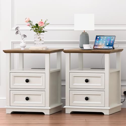 18" Wide End Table with Fast Charging Station Set of 2, 18” Wide Sofa End Table with Drawers,Storage Rustic Wood Storage Cabinet,Sofa Table for Living Room,White | 18” Wide Sofa End Table with Drawers,Storage Rustic Wood Storage Cabinet,Sofa Table for Liv