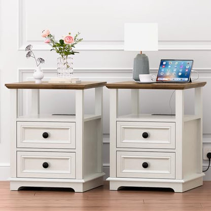 18" Wide End Table with Fast Charging Station Set of 2, 18” Wide Sofa End Table with Drawers,Storage Rustic Wood Storage Cabinet,Sofa Table for Living Room,White | 18” Wide Sofa End Table with Drawers,Storage Rustic Wood Storage Cabinet,Sofa Table for Liv