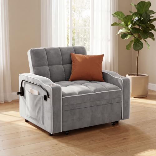 Sleeper Chair with USB Port, 3 In1 Pull Out Sofa Bed, Gray | Adjustable Backrest,Soft Cushioning,Handy Side Pocket,Cup Holders,Phone Holder - color: D-light Gray-kg