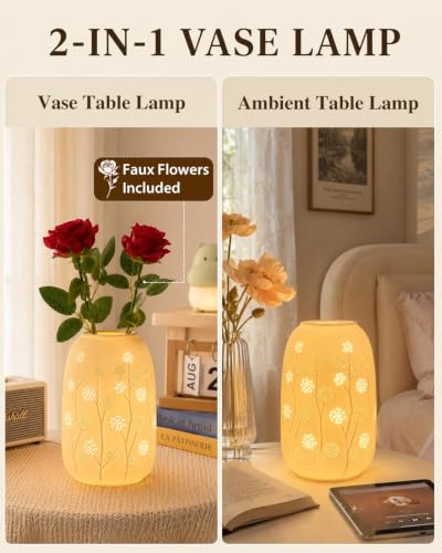 Ceramic Vase Table Lamp - 2700K Bulb & 3 Artificial Flowers Included | Handmade Openwork Craft - Inline Switch - E12 Socket - Dandelion 9" - style: Dandelion