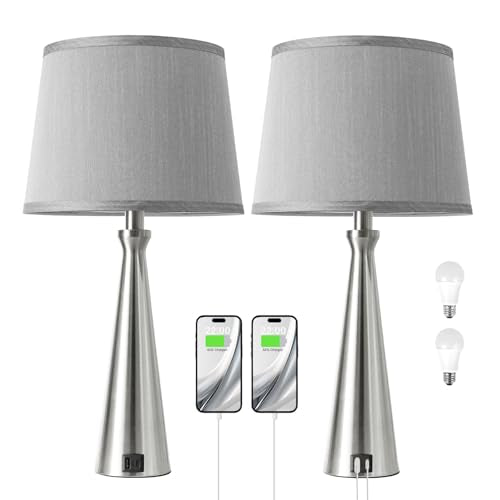 Modern Touch Lamps for Nightstand, 3 Way Dimmable Bedroom Lamp Set of 2 | USB C+A Charging Ports, Silver Bedside Lamps for Bedroom, Living Room, End Table, Bed Side, LED Bulb Included - color: B. Silver Base-Grey Shade