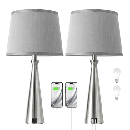 Modern Touch Lamps for Nightstand, 3 Way Dimmable Bedroom Lamp Set of 2 | USB C+A Charging Ports, Silver Bedside Lamps for Bedroom, Living Room, End Table, Bed Side, LED Bulb Included - color: B. Silver Base-Grey Shade