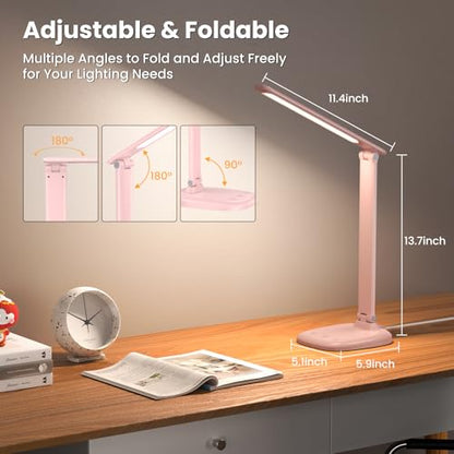 Desk Lamp with Charger, 10%-100% Stepless Dimmable & 5 Color Modes Study Lamp, Touch Control, 30-/60-minute Timer, USB Charging Output Port, CRI≥90, Eye-Caring Foldable LED Desk Lamps for Home Office - color: Pink-US