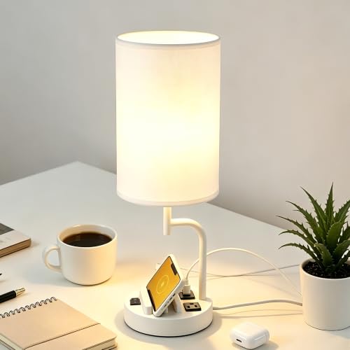 Dreamholder 2 Pack Table Lamp, Bedside Lamp with 3 USB Charging Ports & AC Outlet, USB Desk Lamp with 2 Phone Holders, Linen Fabric Shade Nightstand Lamps for Bedroom Living Room Office, White - color: White