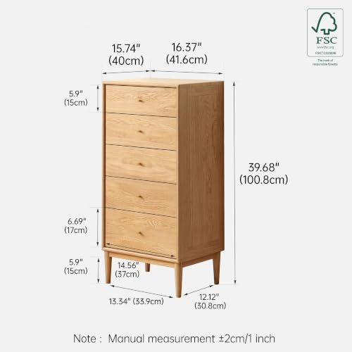 Solid Oak Wood Nightstand, Side Table for Bedroom, Solid Wood Nightstand with 5 Drawers, Modern Design for Living Room, Hallway, Closet, Natural Oak (16.38" W×15.75" D×39.69" H) - color: Natural-38"h